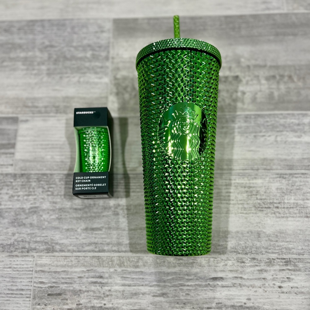 STARBUCKS Tumbler Holiday Studded‎ Green Metallic 24 oz + cold cup key chain